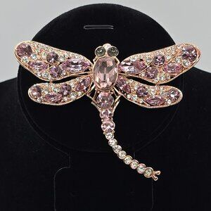Joan Boyce Pink Rose Gold Rhinestone Crystal Dragonfly Pin Pendant Brooch Large